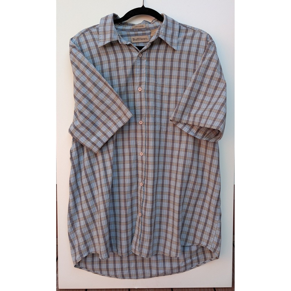 RuffHewn‎ Mens Size Large L Blue Grey Plaid Short Sleeve Button Up Shirt Cotton